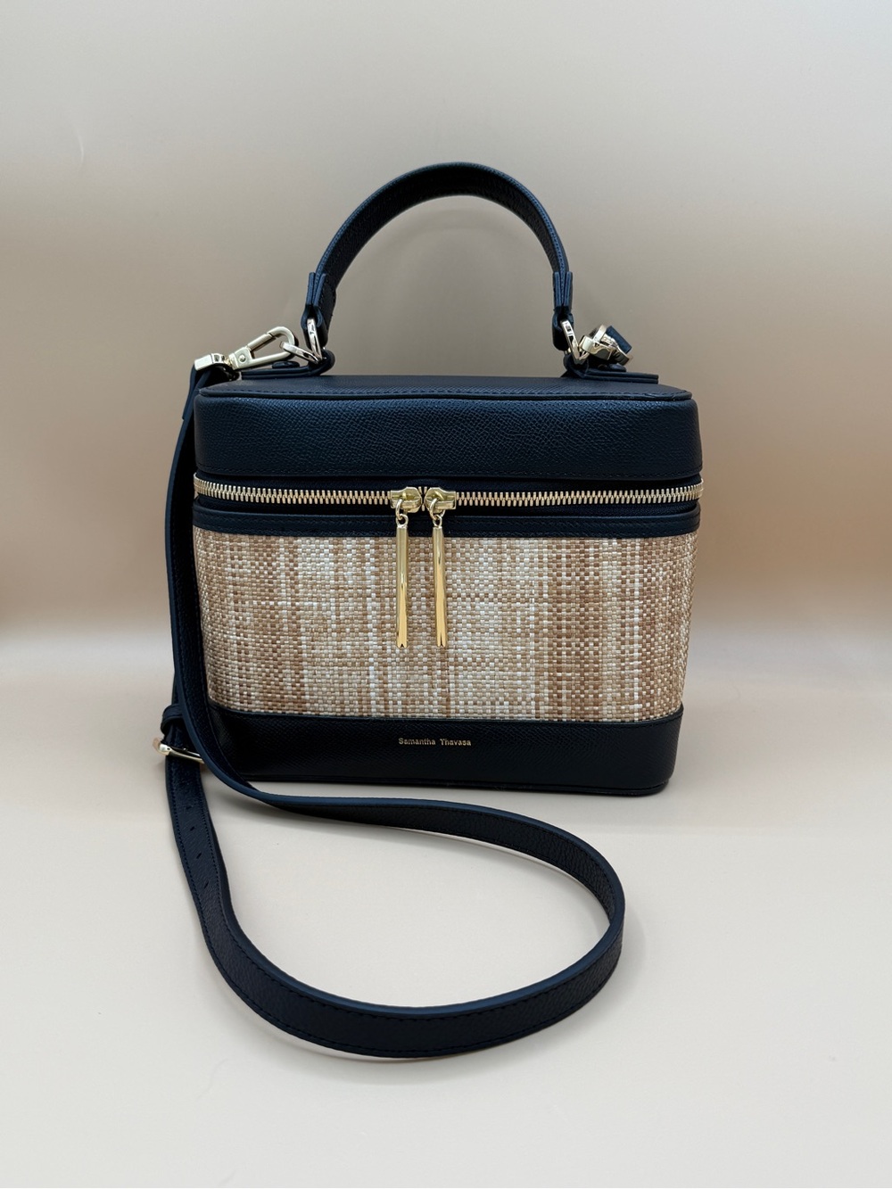 Samantha Thavasa Black & Tan Raffia Crossbody Top Handle Vanity Bag Purse